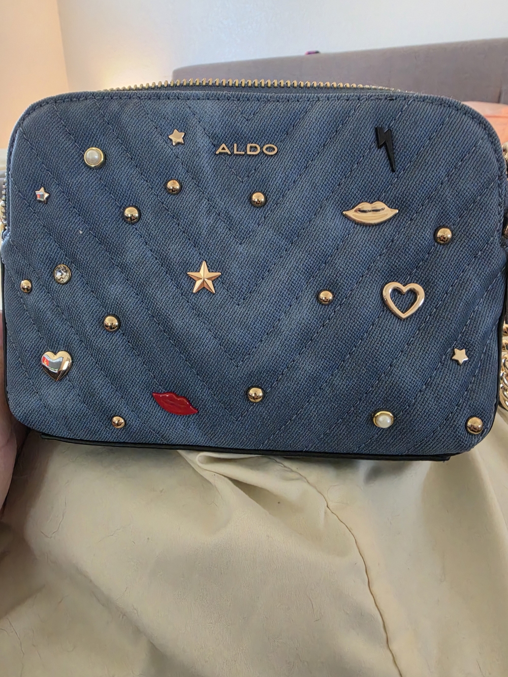 ALDO Blue Quilted Denim Crossbody with Gold and Enamel Studs